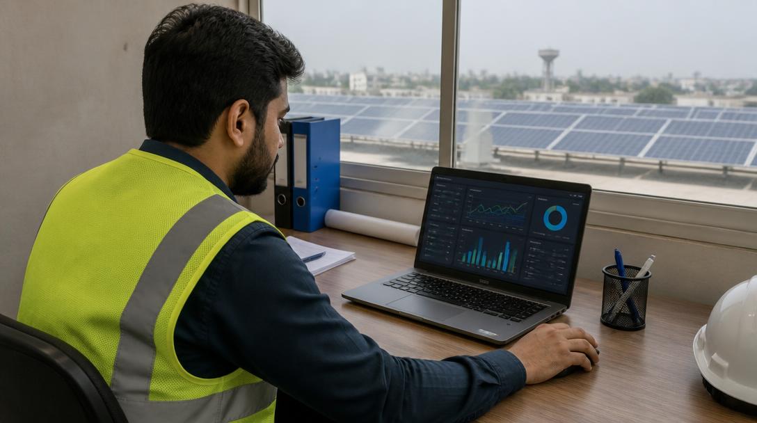 Pakistani engineer reviewing a solar monitoring dashboard on a laptop at a site office