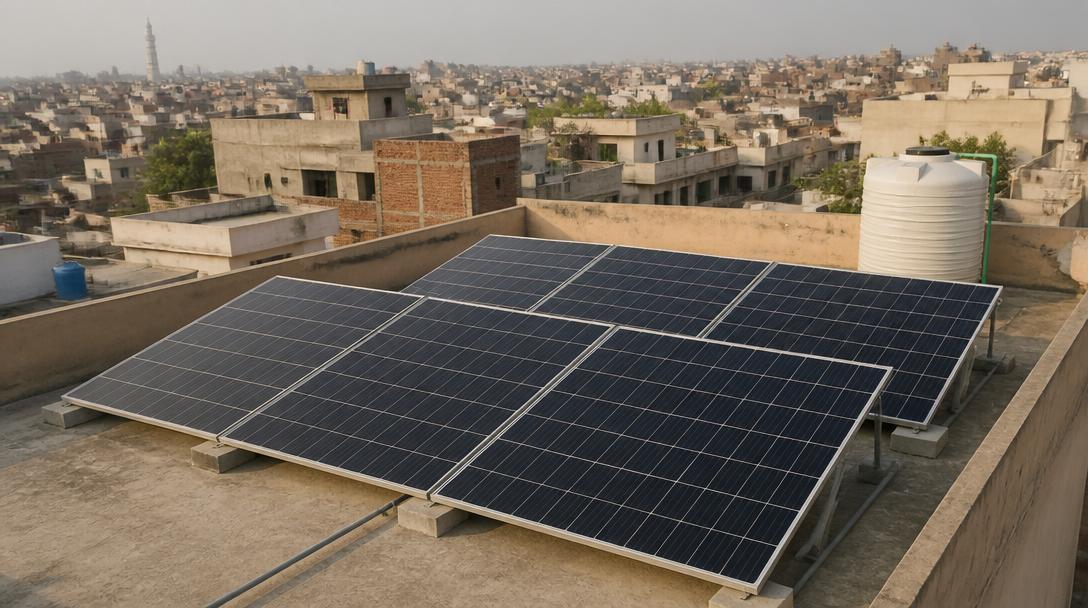 Grid-tied solar array on a flat concrete rooftop in urban Lahore, Pakistan